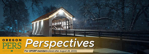 OPSRP newsletter header with wintery image of a covered bridge at night as snow falls