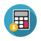 Bookkeeping icon -- A graphic shows a drawing of a calculator with a dollar sign in yellow on a blue circular background
