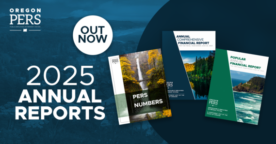 annual reports 2025 -- the covers of three of PERS' annual reports are shown on a dark blue background