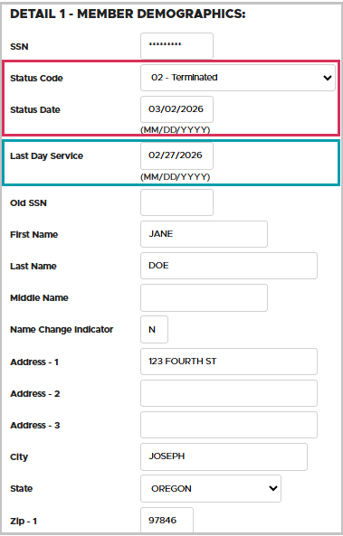 Detail 1 record showing termination date and last day of service