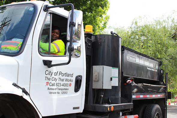 PBOT staff in a maintenance truck.