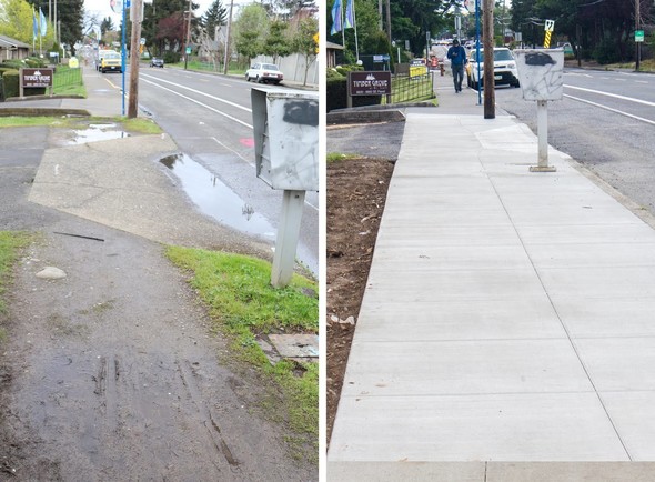 Before and After images of new sidewalks on SE Flavel