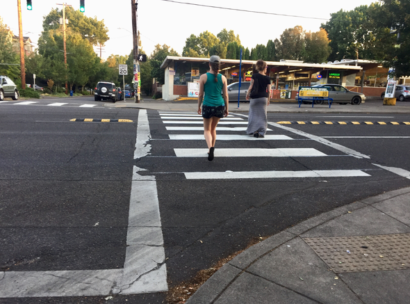 A high-visibility crosswalk at SE 30th Avenue and Hawthorne Boulevard