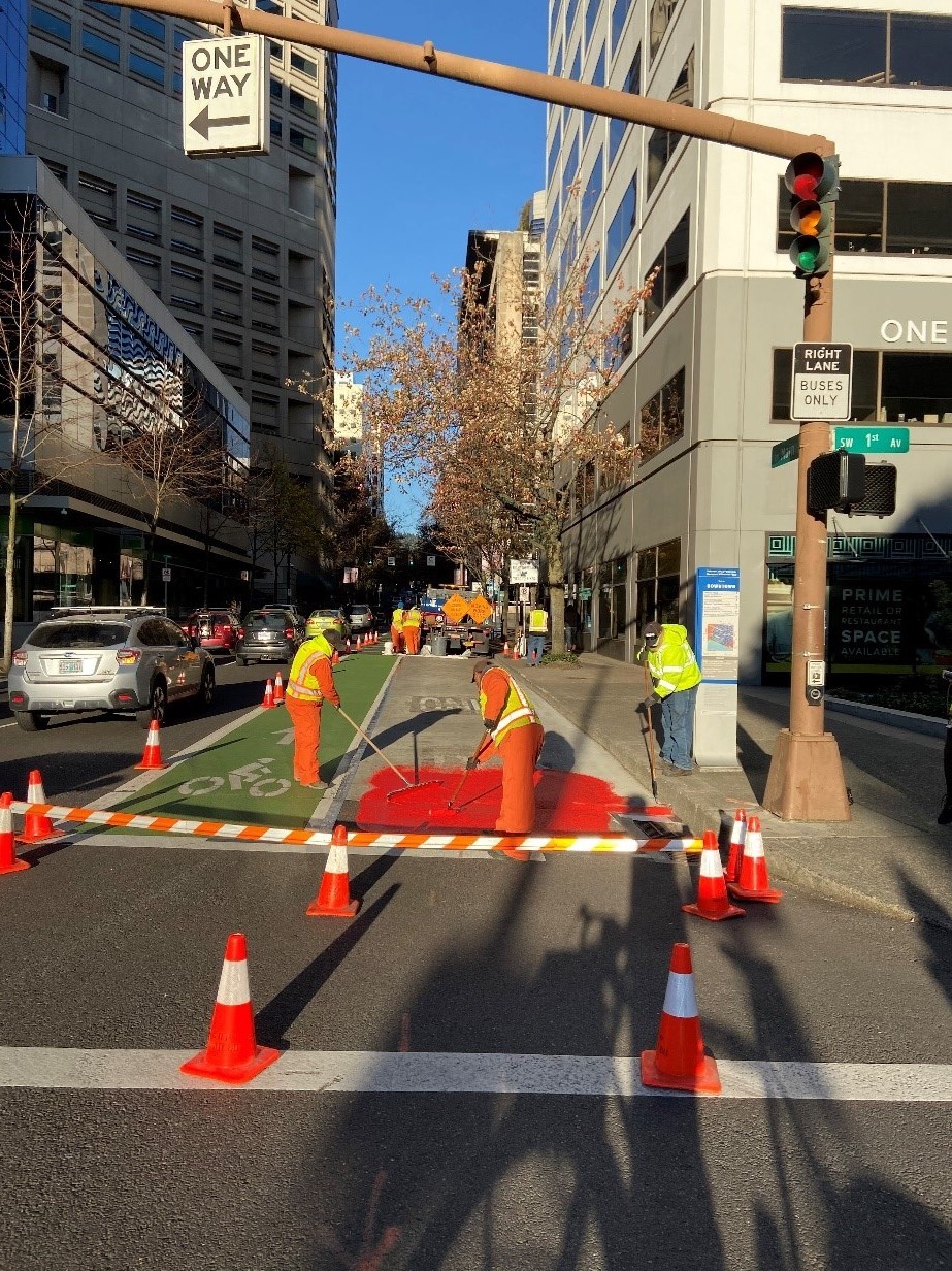 Red lane treatment on 1st and Main