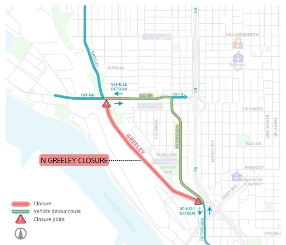 N Greeley Avenue Vehicle Detour Map