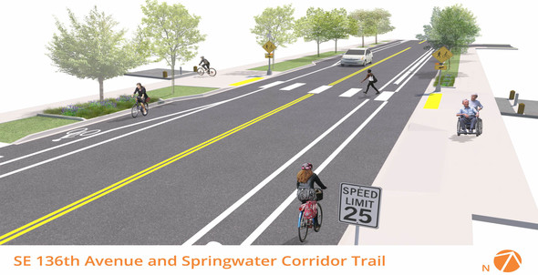 A rendering of the future SE 136th Avenue at the Springwater Corridor Trail crossing