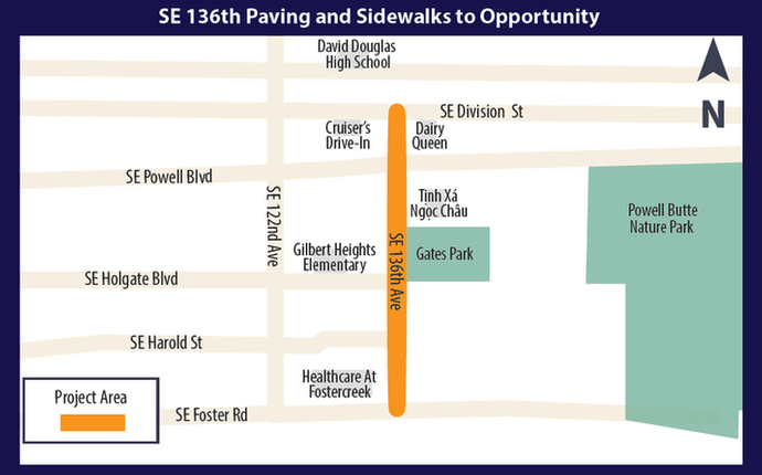 A map of the SE 136th Paving and Sidewalks to Opportunity project area