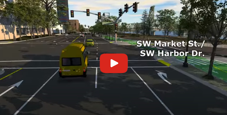 A screenshot from the SW Naito Parkway Improvement project fly-through video showing the intersection of SW Naito and Market.