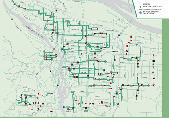 Map of 118 miles of city streets designated as “Slow Streets” 