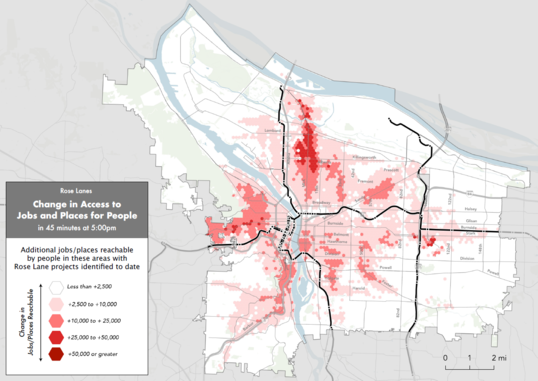 Change in access to jobs and places from Rose Lanes