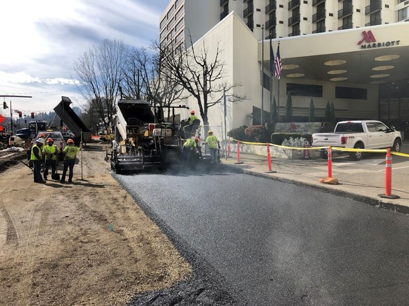 Crews are rebuilding SW Naito Parkway from its dirt base between SW Jefferson and SW Harrison streets. 
