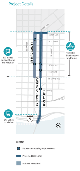 A map of the SE Hawthorne Boulevard and SE Madison Street project area.