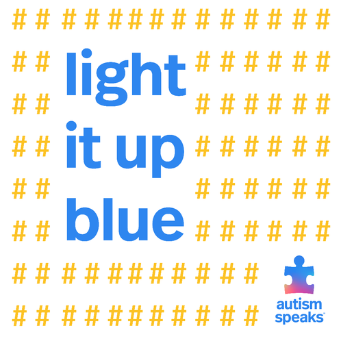 A design for the #LightItUpBlue campaign with yellow hashtags and the words “light it up blue” in large blue letters. 