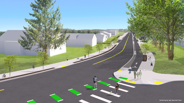 Looking north on SW Capitol Highway at SW Brugger Street. Rendering by PBOT.