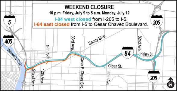 A map of the I-84 closure extents for the weekend of July 9-12, 2021.