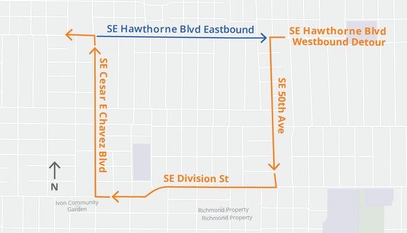 SE Hawthorne Boulevard: César E. Chávez Boulevard to 50th Avenue Detour Map