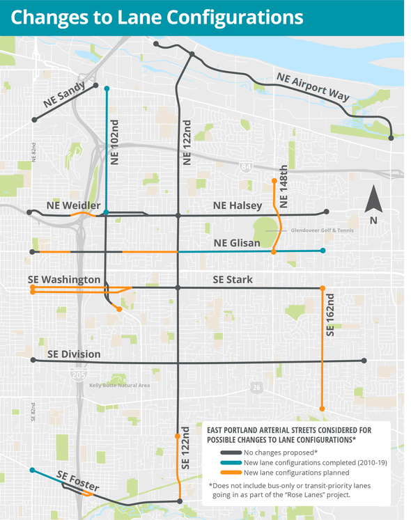 A map of completed and proposed changes to lane configurations in East Portland.
