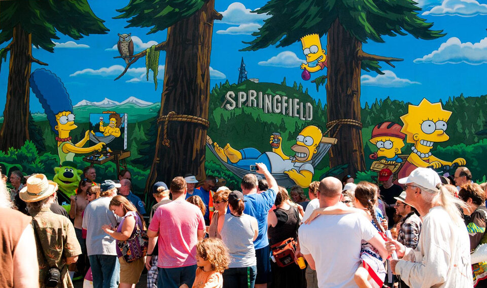 The official unveiling of The Official Simpsons Mural at the Emerald Art Center in Springfield, Oregon in 2014. 