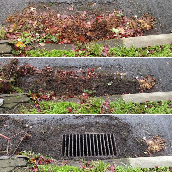 Before, during, and after: Clearing storm drains helps water flow freely into Portland's stormwater system instead of ponding on city streets