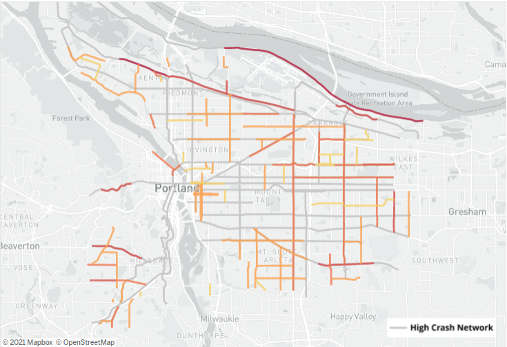 Map detailing Portland streets with speed limit reductions