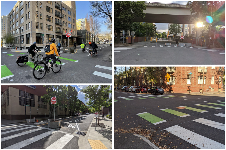 a montage of photos showing pedestrian crossings, bike lanes, and traffic diverters