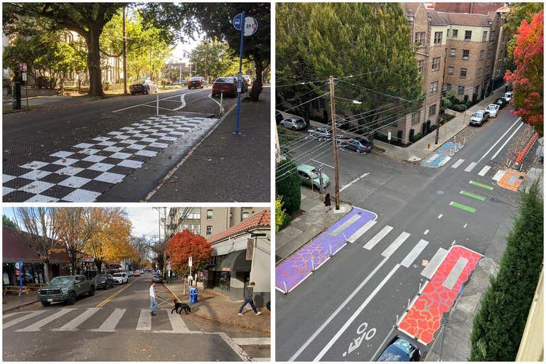 a montage of photos showing bus improvements and painted curb extensions in northwest portland