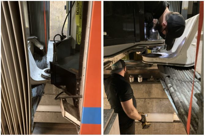 Streetcar employees replacing bearing