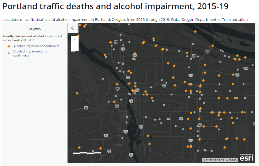 A screenshot of a PBOT map that shows traffic deaths in the city and alcohol impairment.
