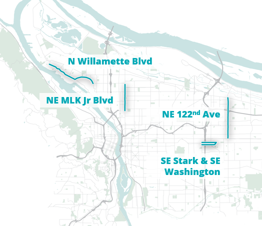 A map of RFFA-funded projects on N Willamette, NE MLK Jr Blvd, NE 122nd Ave, and SE Stark & Washington streets