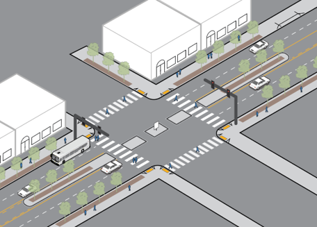 An illustrated crossing concept for NE MLK Jr. Blvd at NE Mason Street that includes a marked crosswalk and traffic signals.