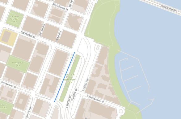 Map showing paving extents on SW Naito Parkway between Harrison and Market