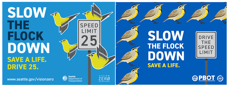 Seattle and Portland's safety campaign signs tell drivers to "Slow the Flock Down"