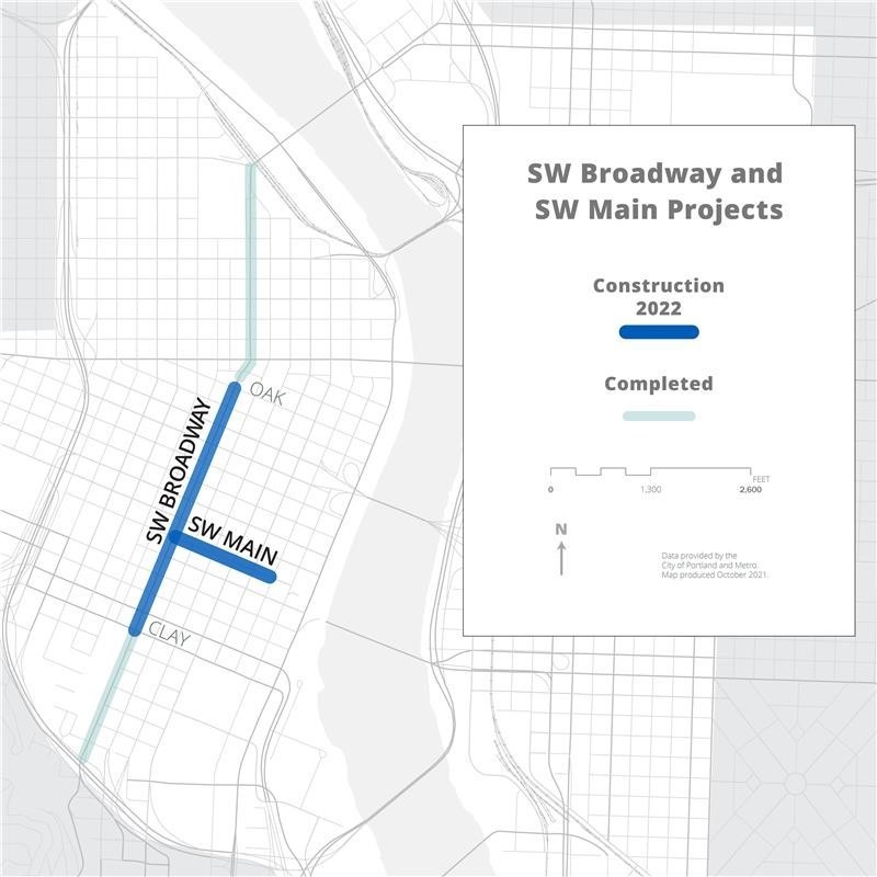 SW Broadway and SW Main Street projects overview map