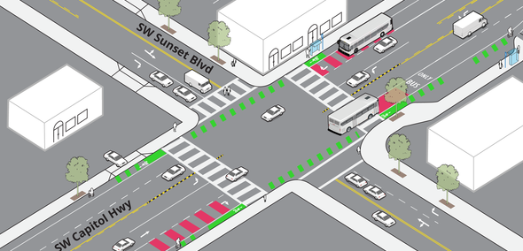A rendering of Sunset Blvd and Capitol Hwy in SW Portland