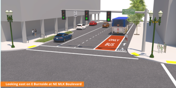A rending of E Burnside from MLK, it shows a red travel lane for buses. 