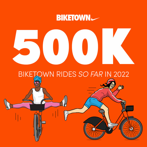 Biketown 500,000 rides milestone image has drawing of people riding and waving square image.jpg