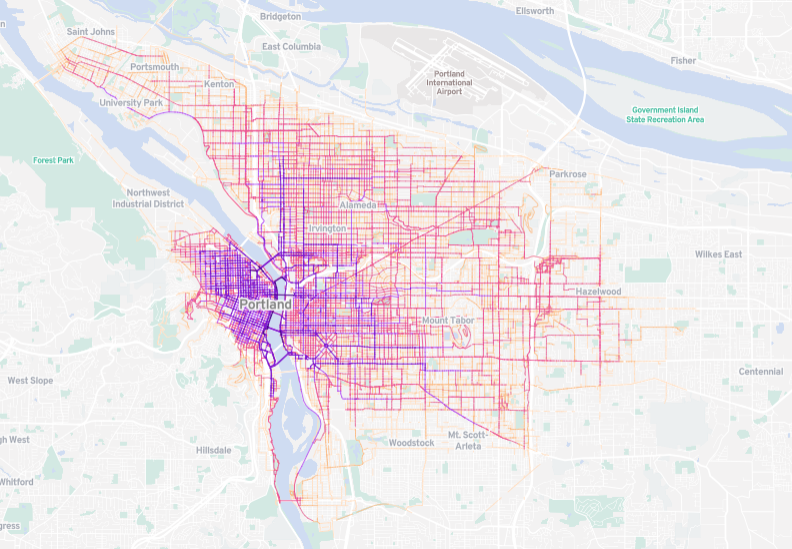 This map shows how Biketown rides have grown in North and East Portland in 2022