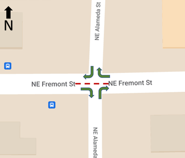 Map showing new traffic patterns for NE Alameda Street and NE Fremont Street intersection