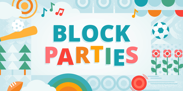 Picture shows the words "Block Parties" in various colors surrounded by games, flowers, trees, and clouds