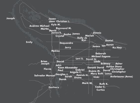 This map shows the first names of people who were killed in crashes in 2022 on a map of Portland