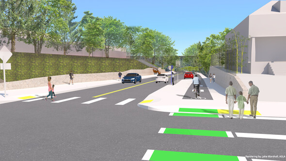 A ground view rendering of SW Capitol Highway improvements showing the new sidewalk, bike lane, multiuse path, and crosswalks.
