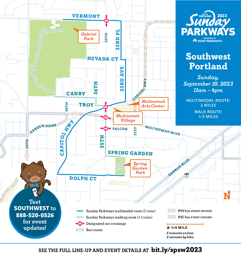 Route map of the SW Portland Sunday Parkways scheduled for Sept. 10 from 11 a.m. to 4 p.m. Text SOUTHWEST to 888-520-0526 for event updates.