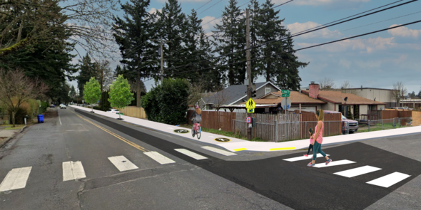 SE 174th Ave Sidewalk Infill project includes sidewalks, street trees, planting strip,  ADA ramps, and marked crosswalks.