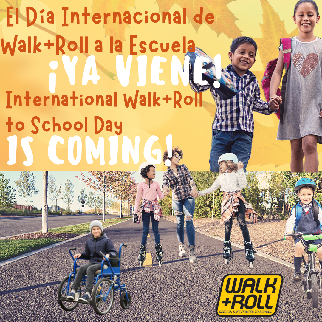 Bilingual International Walk + Roll to School Day collage promotion with kids walking, biking, and rolling in fall weather.