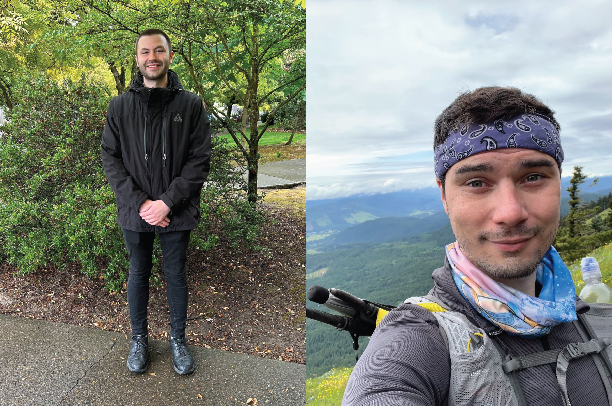  Josh, left, is wearing all black in a lush green park. Shane, right, is wearing hiking gear atop a mountain.