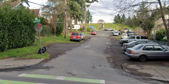 The dead-end of SE Steele Street is paved with no sidewalks. There are cars parked on muddy surfaces adjacent to the street.  