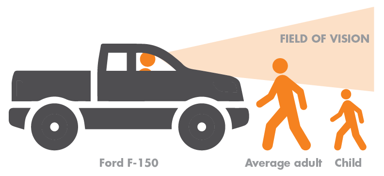 Diagram comparing the size of a Ford F-150 pickup truck, an average adult, and a child. The driver has a limited field of vision.