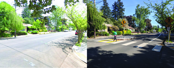 Before and after picture of the intersection of SE 46th Avenue and Henry Street and its improved crosswalk.