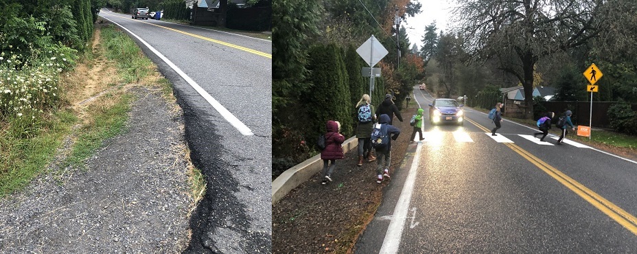 Before and after of the intersection of SW Shattuck Road a pedestrian trail with an improved, marked crosswalk.