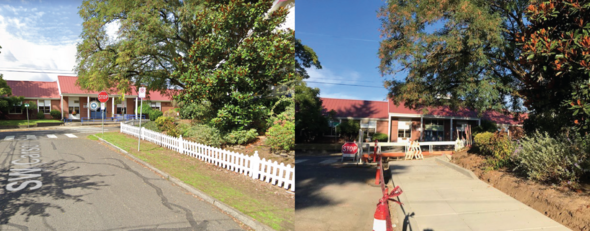 Before and after of SW Carson Street in front of Capitol Hill Elementary School showing improved sidewalk.